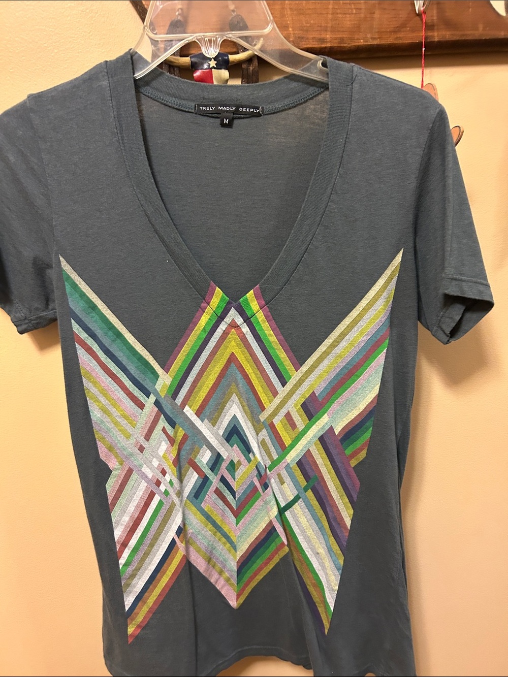 Truly Madly Deeply Charcoal V-Neck Tee with Multicolor Geometric Print